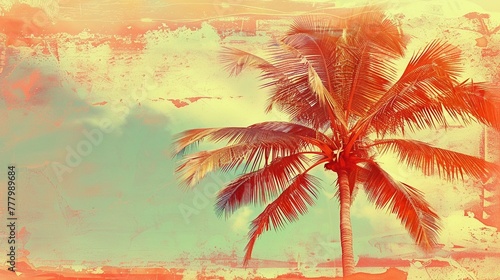 Pop Art palm tree, bright summer hues, sepia overlay, soft background, increased tropical allure