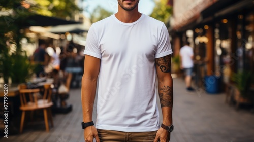 man wearing white t-shirt outdoor on street at day. Mockup with copy space