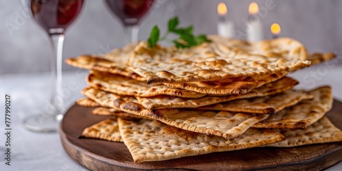 Piled matzo sheets on a wooden plate with wine glasses, candles in the backdrop.