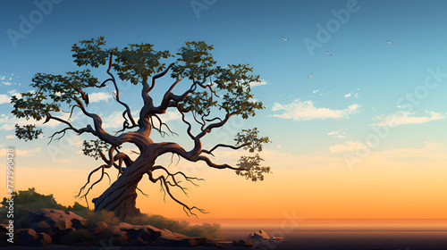 Tree silhouettes against a fiery sky peaceful scenery dramatic majestic with blue sky background 