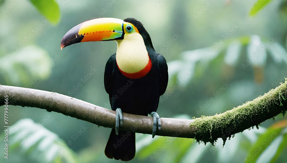 Obraz premium Toucan sitting on the branch in the forest, green vegetation, Costa Rica. Nature travel in central America. Two Keel-billed Toucan bird image in wildlife