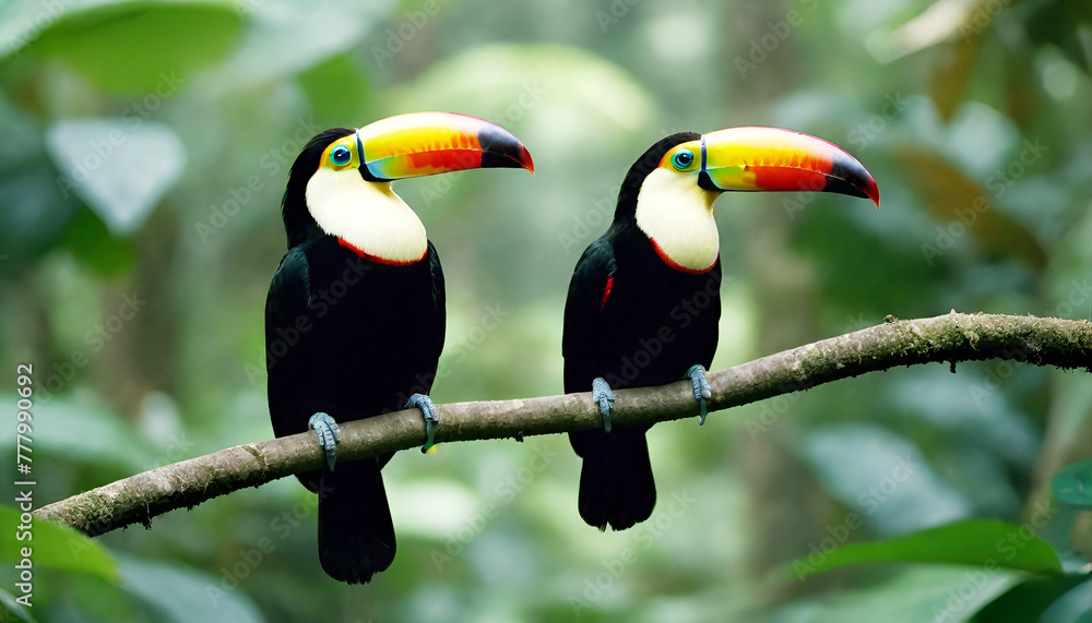 Obraz premium Toucan sitting on the branch in the forest, green vegetation, Costa Rica. Nature travel in central America. Two Keel-billed Toucan bird image in wildlife