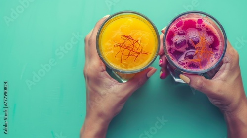 Thandai in colorful glasses held in hands against green backdrop  evoking Holi festival s essence with a modern  pop art feel