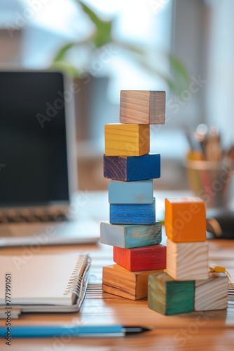 Balanced Wooden Blocks in Serene Home Office