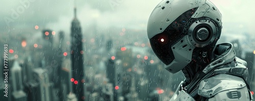 Cyborg, metallic armor, futuristic, exploring a digital cityscape, rainy, 3D render, backlight, chromatic aberration