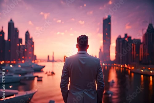 Guy in white suit looking at glowing sunset over the skyline of Dubai. Luxury travel inspiration. photo