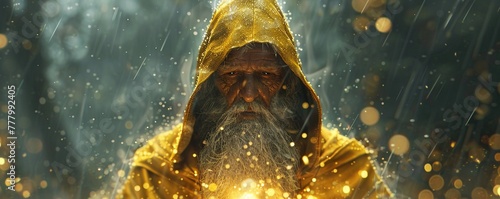Character, Wizard Robes, Old wise wizard, Living out fairy tales from books and movies, Rainy day, Illustration, Backlights, Bokeh effect photo