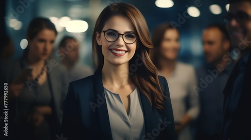 A smiling businesswoman in a teamwork setting, highlighting collaboration