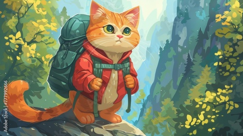 Cat adventurer with backpack on his back