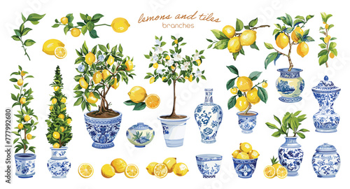 Lemon branches and blue patterned tiles illustration, Artistic set featuring yellow lemons, green leaves, branches, and blue-patterned tile design elements