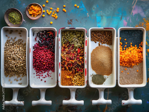 multicolored beans on the tray, Natural grains and cereals like green bean soybean red bean  AI photo