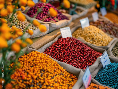 multicolored beans on the tray, Natural grains and cereals like green bean soybean red bean  AI photo