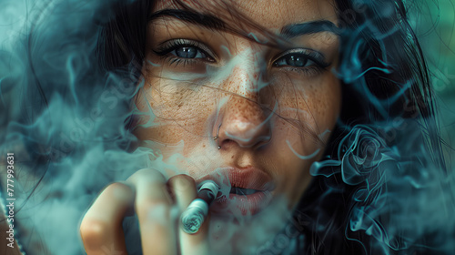 Beautiful woman smoking, close-up, dark background