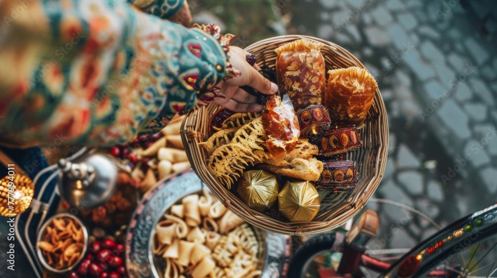A person holding a basket overflowing with various food items