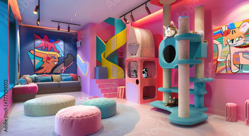 A colorful cat playroom with climbing structures, clouds and tree houses for cats to explore and bathe in. Pink walls, yellow furniture, blue beds, green plush carpeting on the floor photo