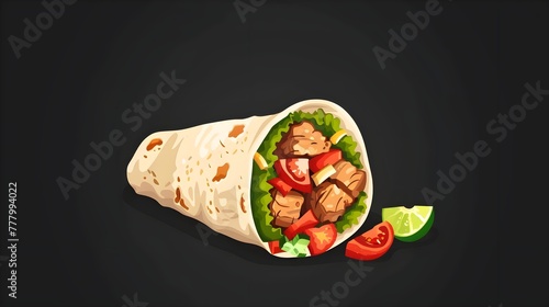 Mexican burrito with meat and vegetables on black background.