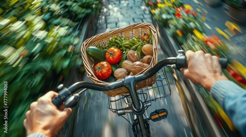 A person rides a bike while carrying a basket filled with fresh vegetables, showcasing sustainable transportation and healthy food choices photo