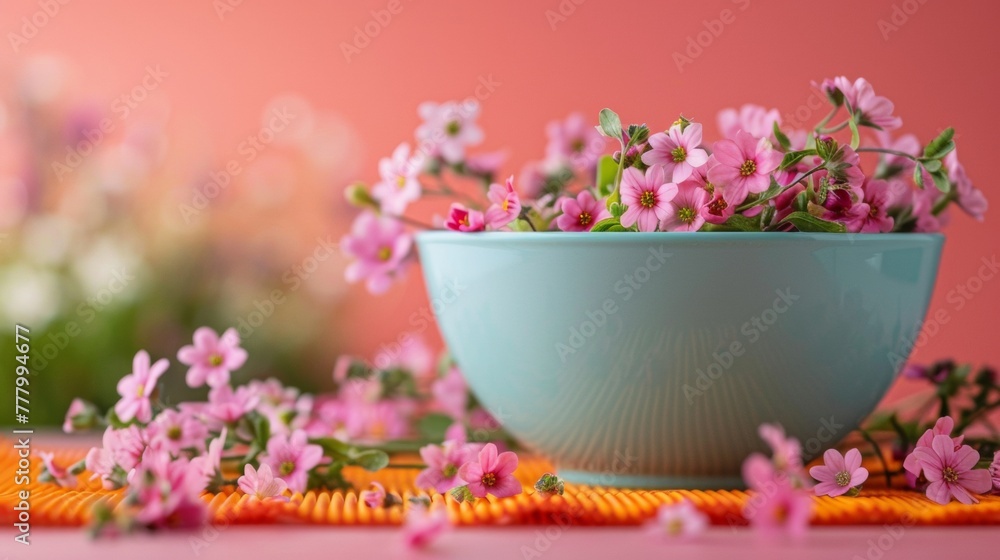 A light blue salad bowl filled with pink edible flowers on a table