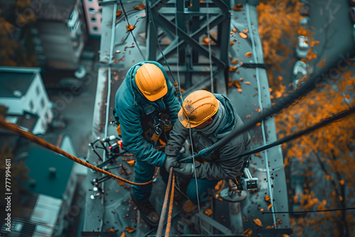 Construction workers engaging in high-altitude work on a crane with safety harnesses. Industrial safety and engineering concept. Design for occupational health and safety poster