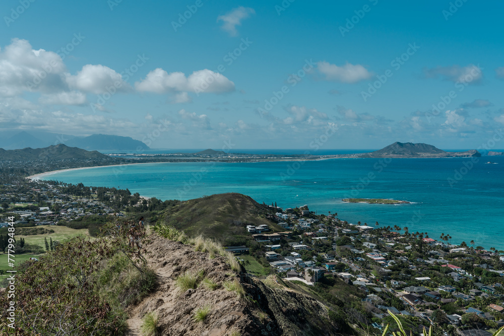 Ka'iwa Ridge (Lanikai Pillbox) Trail, Kailua Oahu Honolulu Hawaii.  anikai Beach or Kaʻōhao Beach is located in Kaʻōhao, a community in the town of Kailua and on the windward coast of Oahu, Hawaii.