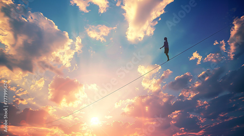 Balancing Act, a person walking a tightrope, representing the delicate balance required in life or business photo