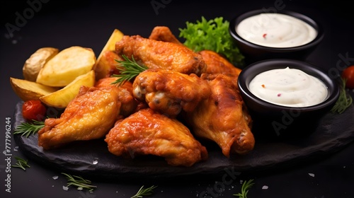Fried chicken wings with sauce and mayonnaise on black background.