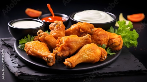 Fried chicken wings with sauce and mayonnaise on black background.
