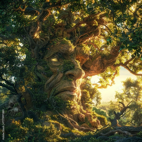 A towering ancient tree with wise eyes, observes the societal evolution in a realm where humans live exceedingly long lives.