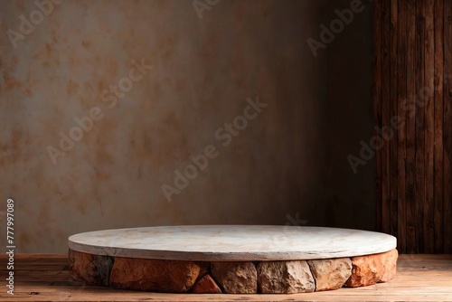 Product packaging mockup photo of  3d display rustic wood and stone podium, studio advertising photoshoot