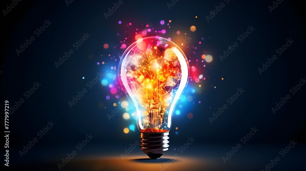 Colorful light bulb with glowing particles on dark background. Energy and Creativity concept. Abstract Innovation Art. Colorful light bulb with glowing particles on dark background. Energy and Creativity concept. Abstract Innovation Art.