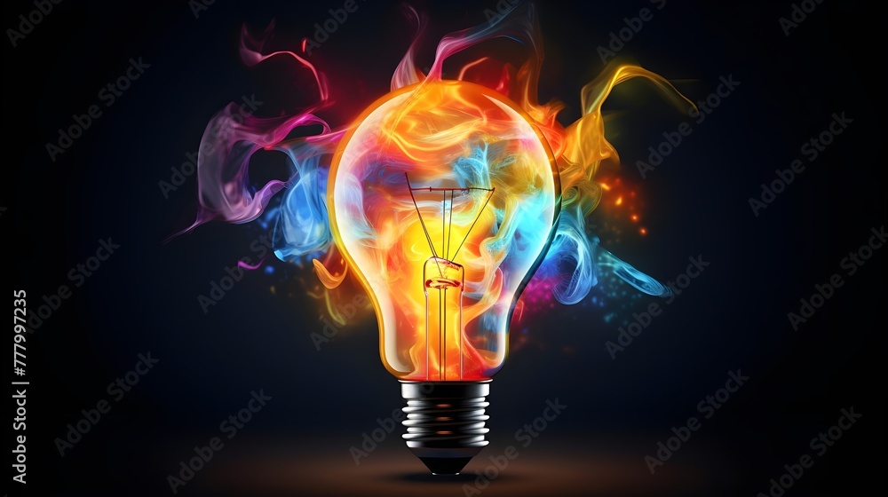 Colorful light bulb with glowing particles on dark background. Energy and Creativity concept. Abstract Innovation Art. Colorful light bulb with glowing particles on dark background. Energy and Creativity concept. Abstract Innovation Art.