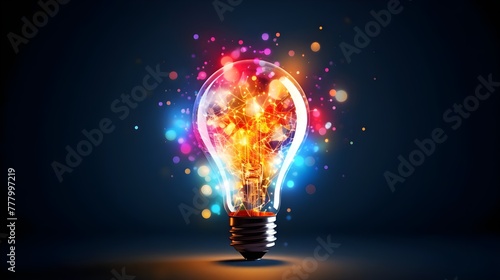 Colorful light bulb with glowing particles on dark background. Energy and Creativity concept.  Abstract Innovation Art.