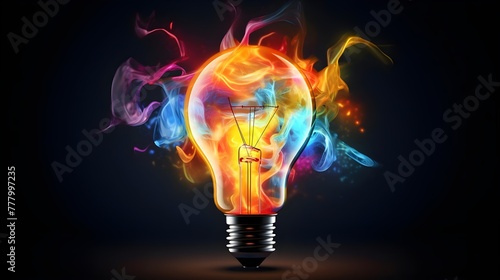 Colorful light bulb with glowing particles on dark background. Energy and Creativity concept. Abstract Innovation Art.