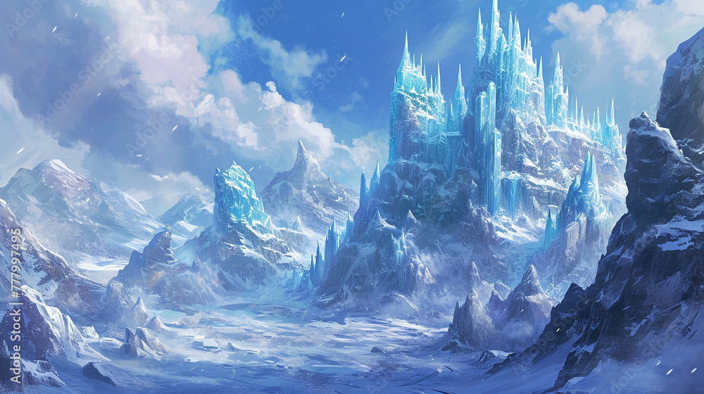 A frozen landscape with towering ice castles. Generative Ai