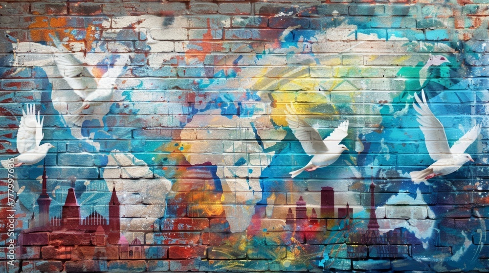 Urban Graffiti Art with Flying Pigeons
A vibrant urban graffiti painting on a brick wall featuring silhouettes of city landmarks and white pigeons in flight.
Urban Graffiti Art with Flying Pigeons
A vibrant urban graffiti painting on a brick wall featuring silhouettes of city landmarks and white pigeons in flight.