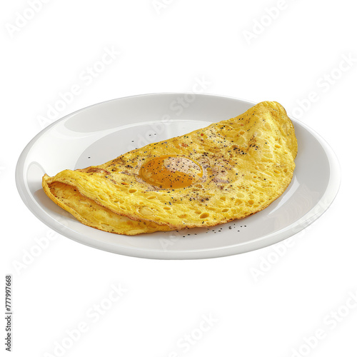 Omelet on white plate isolated on transparent background