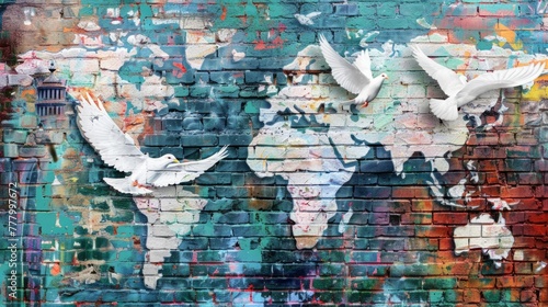 Seagulls Soaring over World Map Graffiti Wall
Weathered brick wall adorned with a world map in graffiti, over which seagulls are soaring with spread wings.
