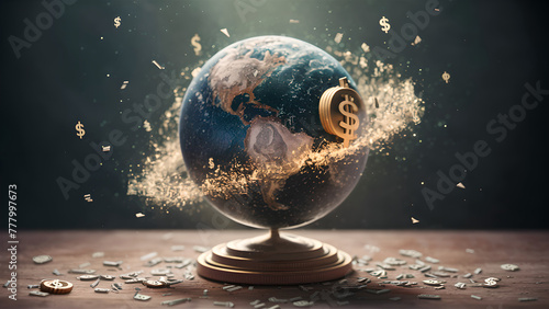 Global Prosperity: Illuminated Globe with Floating Dollar Signs in 3D Render photo