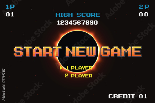 START NEW GAME. pixel art .8 bit game. retro game. for game assets in vector illustrations. Solar Eclipse Illustration background. Total solar eclipse vector illustration