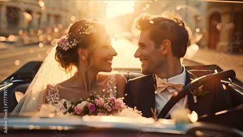 Just married couple in car, happy and in love, picturesque wedding scene photo