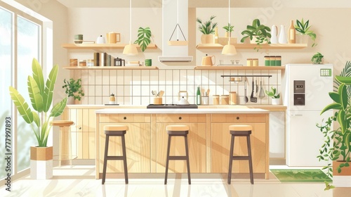 Inviting Organic Kitchen Oasis with Lush Greenery and Minimalist Decor for Healthy Meal