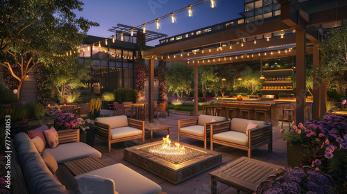 Design an outdoor lounge area with comfortable seating, fire pit and string lights for socializing in the evening on a small terrace of luxury residential building