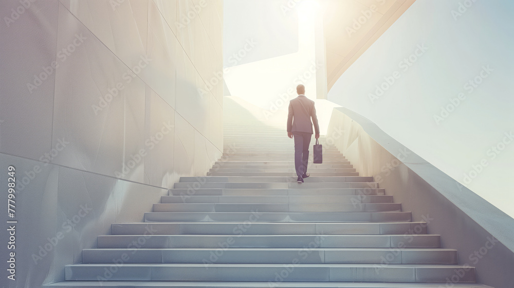 Confident businessman with a briefcase walking up stairs, fast life, corporate