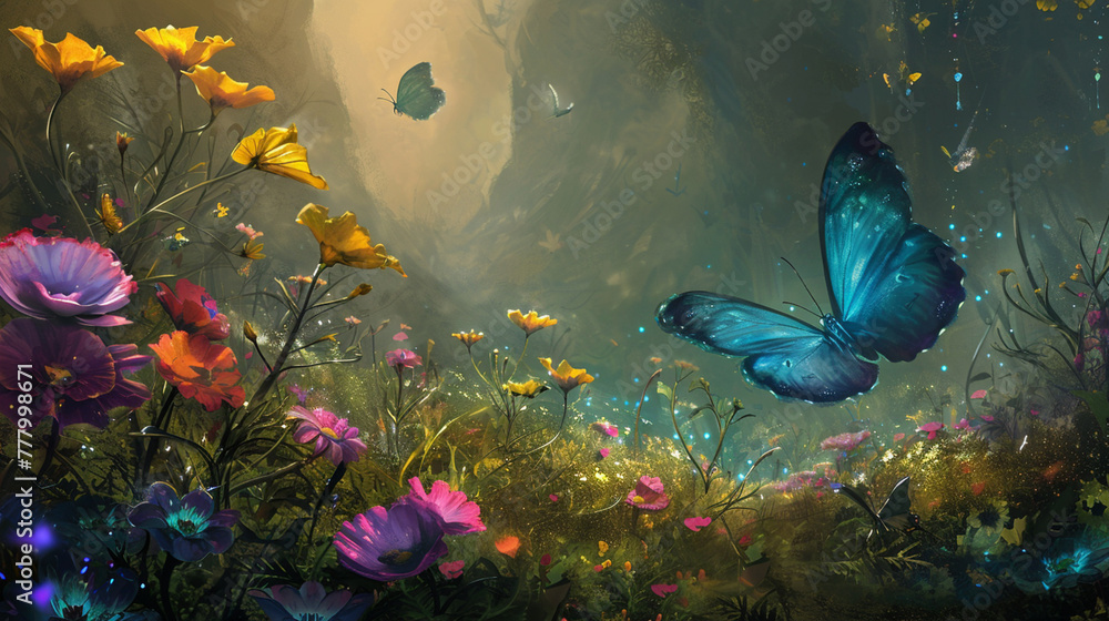 A serene meadow in the Feywild colorful flowers and iridescent butterflies. Generative Ai