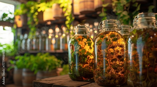 A variety of glass jars on a wooden surface, showcasing the process of fermentation with natural ingredients like vegetables and fruits, indicating a healthy, probiotic-rich food preparation method. photo