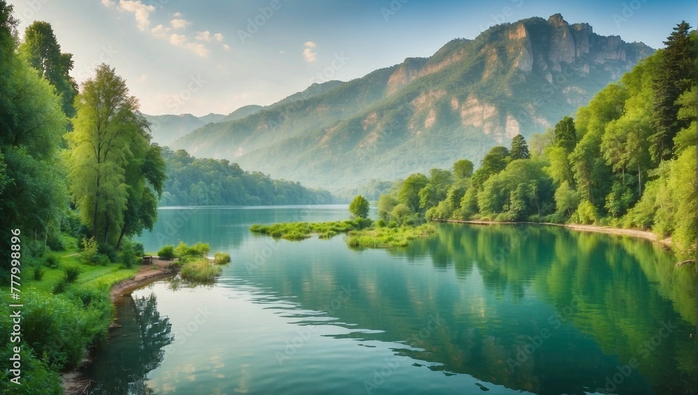 Default_Beautiful_scenery_of_a_lake_surrounded_by_green_trees_1