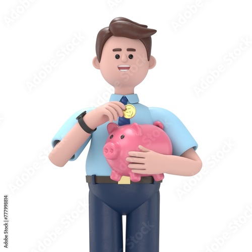 Photos 3D illustration of Asian man Felix holds a piggy bank