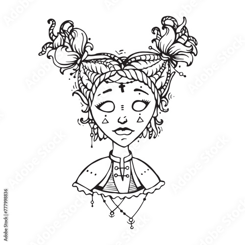 Cute creepy taro girl with curly hair, fortune teller, hand drawn vector illustration