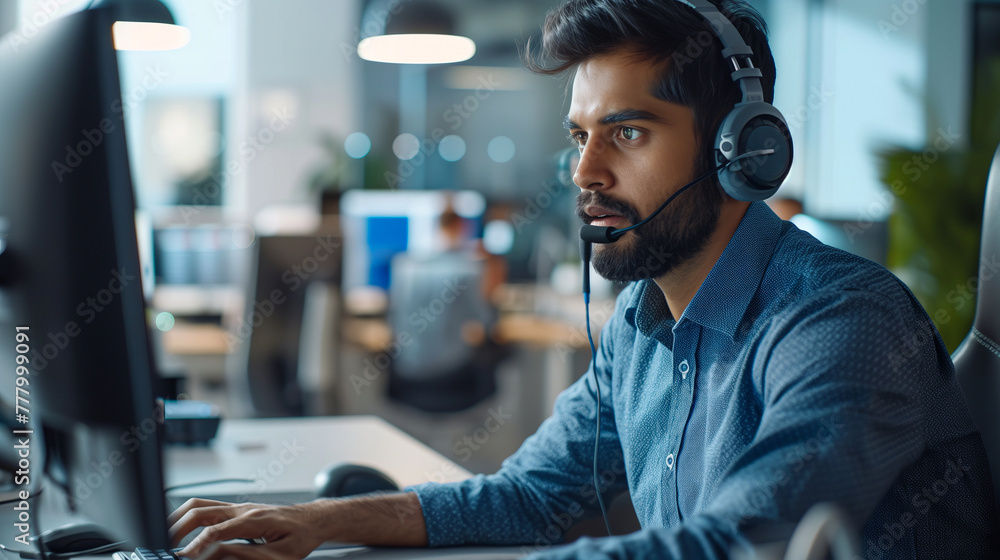 Office Productivity, Man Using Desktop PC with Headset Office Productivity, Man Using Desktop PC with Headset