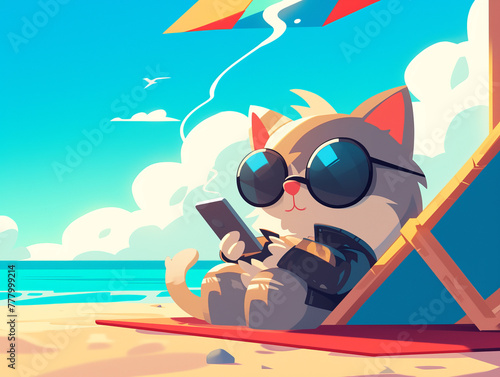 A cat is sitting on a beach with sunglasses on and a cell phone in its paw